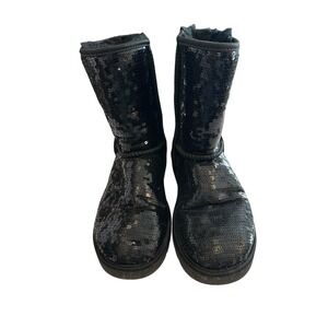 UGG Size 7 Black Sequin Classic Short Boots Sherpa Lined